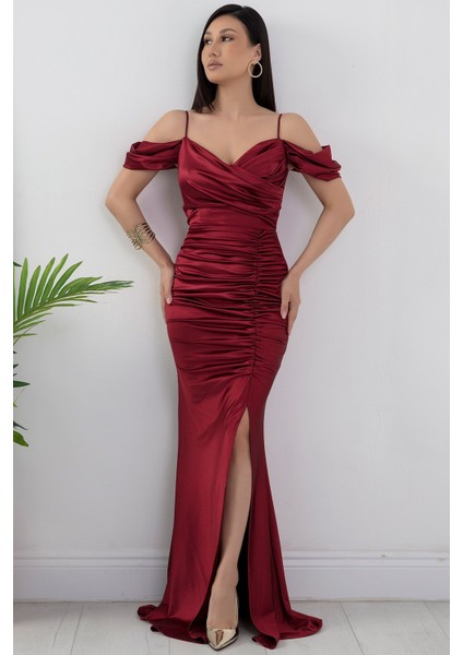 Büzgülü Askılı Saten Elbise 39649