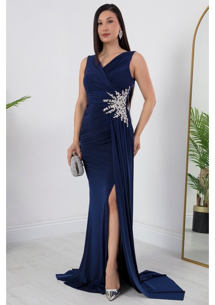 Beli Taşlı Yırtmaçlı Abiye Elbise ECR5301