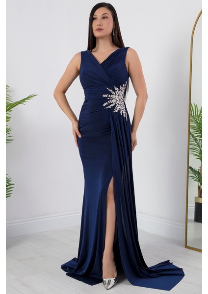 Beli Taşlı Yırtmaçlı Abiye Elbise ECR5301 modelleri