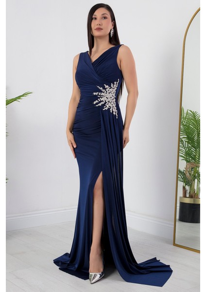 Beli Taşlı Yırtmaçlı Abiye Elbise ECR5301 fırsatları