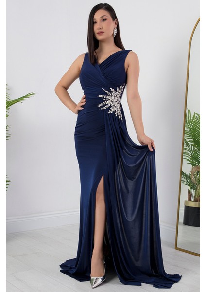 Beli Taşlı Yırtmaçlı Abiye Elbise ECR5301 indirimleri