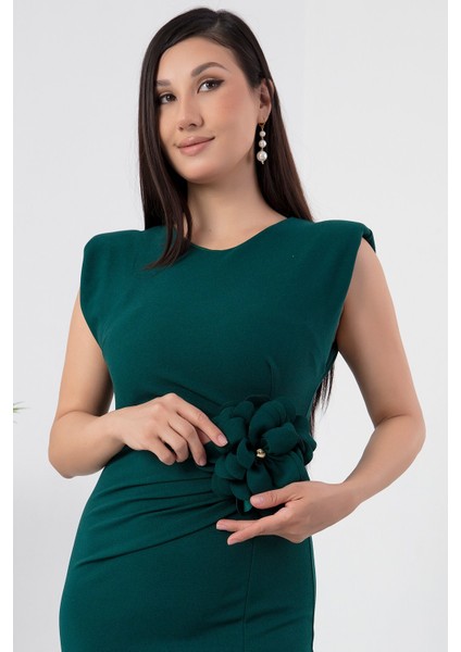 Omzu Vatkalı Gül Detaylı Krep Elbise NY4407