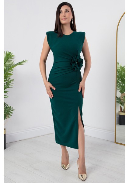 Omzu Vatkalı Gül Detaylı Krep Elbise NY4407