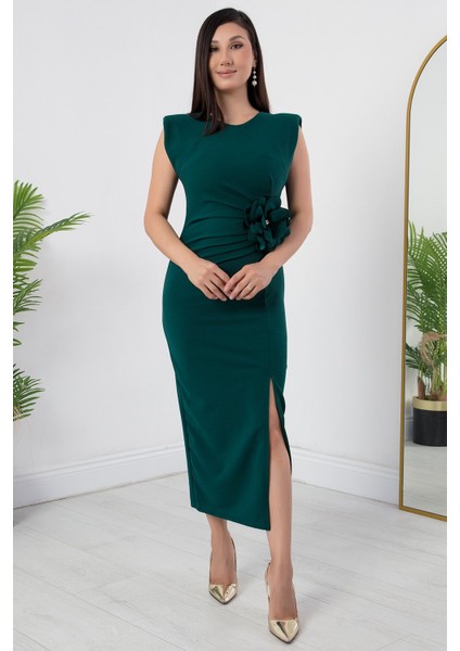 Omzu Vatkalı Gül Detaylı Krep Elbise NY4407
