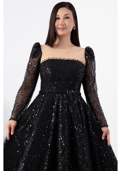 Göğüs Tül Detay Pulpayet Tül Elbise ECR5809