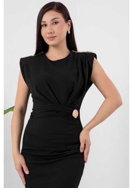 Dik Yaka Omuz Vatkalı Krep Elbise GRS3599
