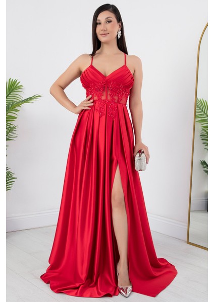 Askılı Çiçekli Saten Elbise ECR4981