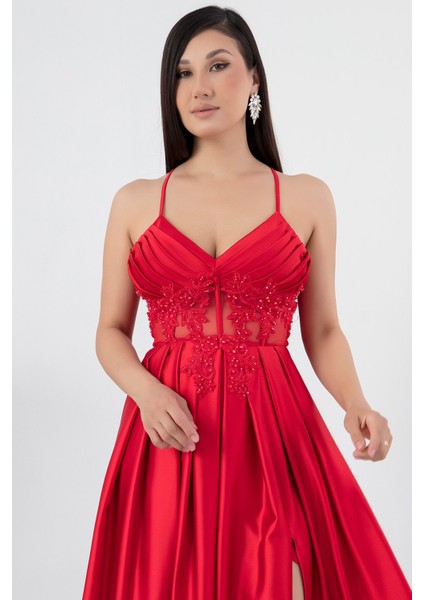 Askılı Çiçekli Saten Elbise ECR4981