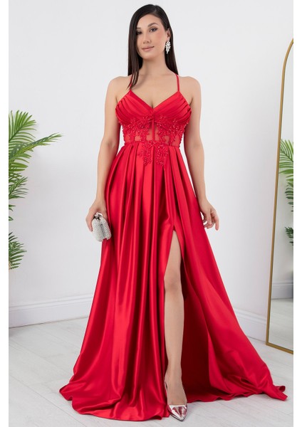 Askılı Çiçekli Saten Elbise ECR4981