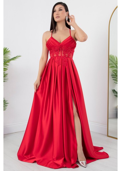 Askılı Çiçekli Saten Elbise ECR4981