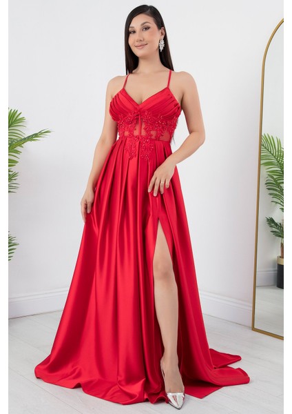 Askılı Çiçekli Saten Elbise ECR4981