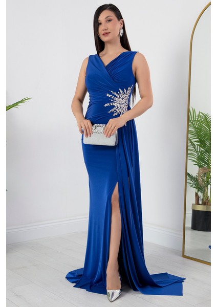 Beli Taşlı Yırtmaçlı Abiye Elbise ECR5301 modelleri