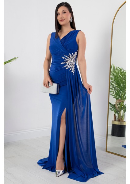 Beli Taşlı Yırtmaçlı Abiye Elbise ECR5301 fırsatları