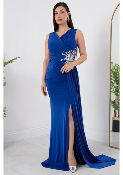 Beli Taşlı Yırtmaçlı Abiye Elbise ECR5301 indirimleri