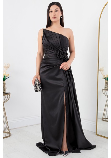 Gül Detay Straplez Saten Elbise ECR5334