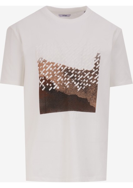 Bisiklet Yaka Baskılı Ekru Erkek T-Shirt M4WM-TST-1574