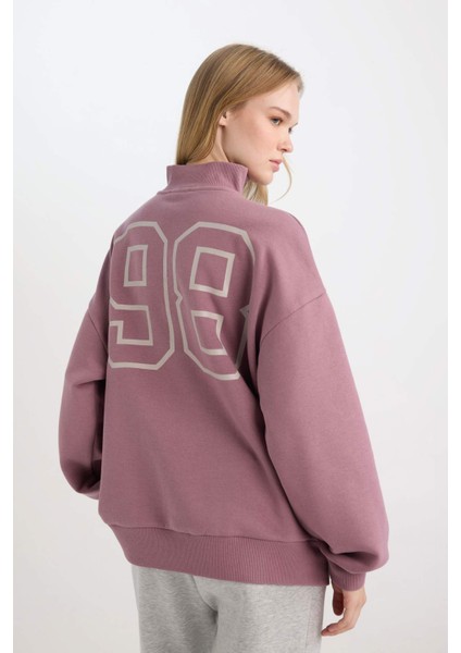Coool Oversize Geniş Kalıp Fermuarlı Dik Yaka Sırt Baskılı Kalın Sweatshirt D7564AX24WN