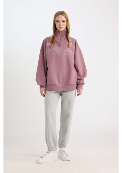 Coool Oversize Geniş Kalıp Fermuarlı Dik Yaka Sırt Baskılı Kalın Sweatshirt D7564AX24WN fiyatları