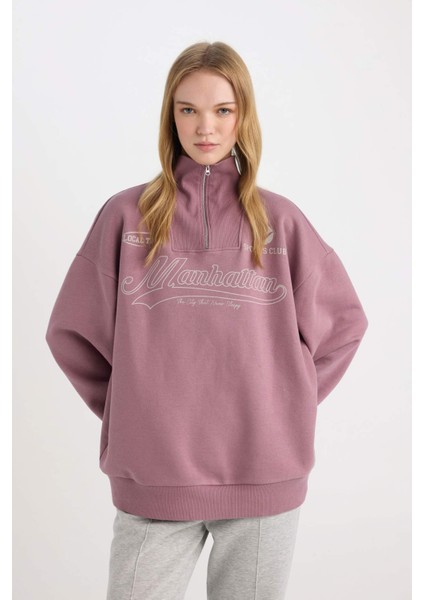 Coool Oversize Geniş Kalıp Fermuarlı Dik Yaka Sırt Baskılı Kalın Sweatshirt D7564AX24WN modelleri