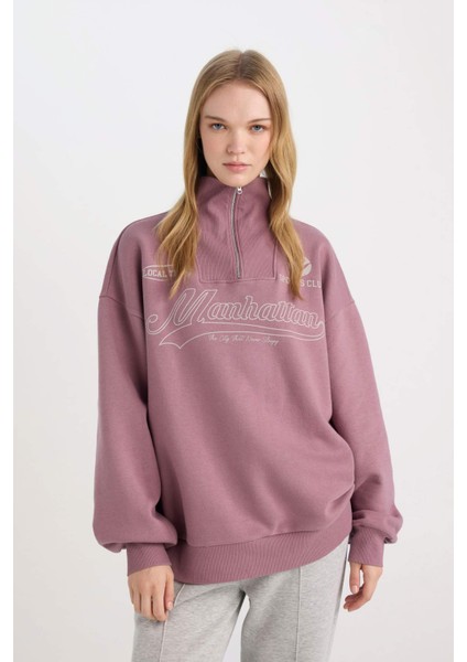Coool Oversize Geniş Kalıp Fermuarlı Dik Yaka Sırt Baskılı Kalın Sweatshirt D7564AX24WN fırsatları