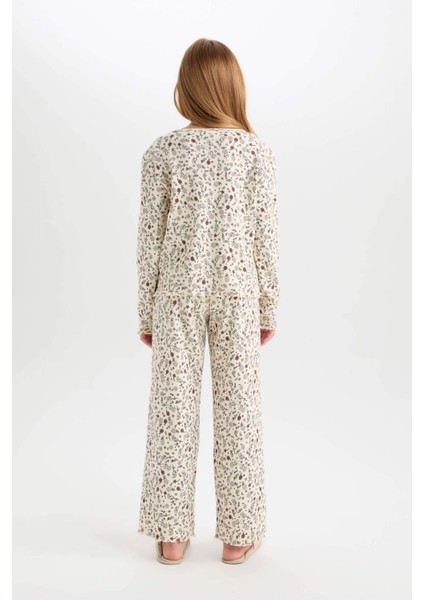Kız Çocuk Pijama Takımı Çiçekli Bisiklet Yaka Uzun Kollu Üst Uzun Alt D6052A824AU