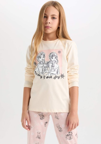 Kız Çocuk Pijama Takım Frozen Uzun Kollu Üst Desenli Beli Lastikli Alt D3746A824AU