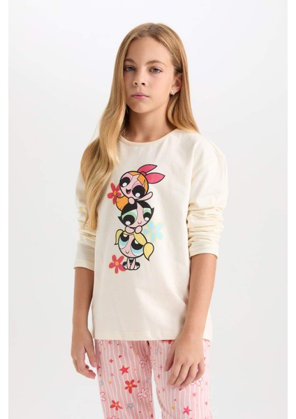 Kız Çocuk Pijama Takımı PowerPuff Girls Uzun Kollu Üst Desenli Beli Lastikli Uzun Alt D9838A824AU