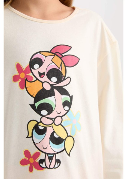 Kız Çocuk Pijama Takımı PowerPuff Girls Uzun Kollu Üst Desenli Beli Lastikli Uzun Alt D9838A824AU