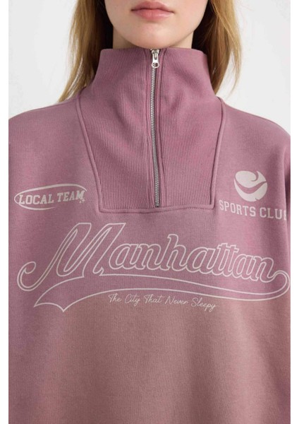 Coool Oversize Geniş Kalıp Fermuarlı Dik Yaka Sırt Baskılı Kalın Sweatshirt D7564AX24WN indirimleri