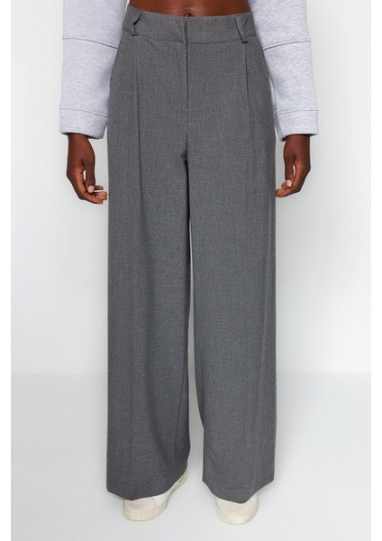 Kadın Yeni Moda Geniş Paça Uzun Boy Dokuma Antrasit Palazzo Extra Geniş Paça Pantolon
