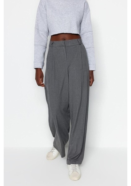 Kadın Yeni Moda Geniş Paça Uzun Boy Dokuma Antrasit Palazzo Extra Geniş Paça Pantolon