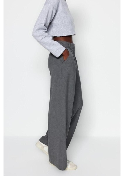 Kadın Yeni Moda Geniş Paça Uzun Boy Dokuma Antrasit Palazzo Extra Geniş Paça Pantolon