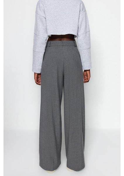Kadın Yeni Moda Geniş Paça Uzun Boy Dokuma Antrasit Palazzo Extra Geniş Paça Pantolon