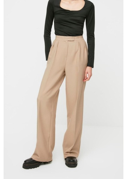 Kadın Boru Paça Regular Dokuma Wide Leg Geniş Paça Yüksek Bel Pantolon