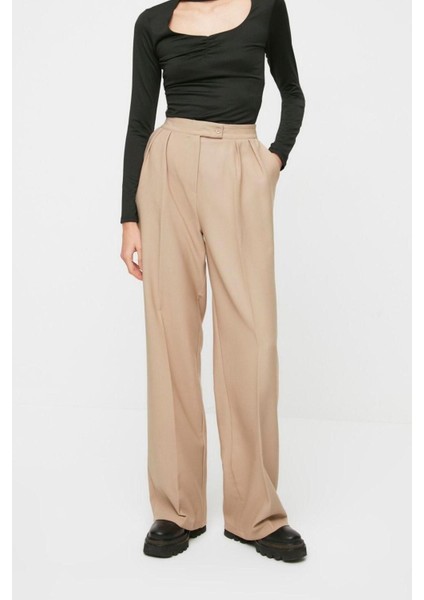 Kadın Boru Paça Regular Dokuma Wide Leg Geniş Paça Yüksek Bel Pantolon