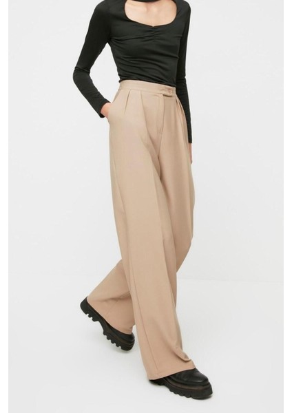 Kadın Boru Paça Regular Dokuma Wide Leg Geniş Paça Yüksek Bel Pantolon