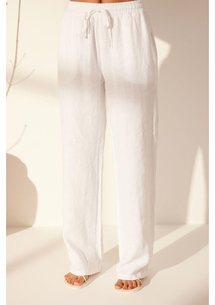 Kadın Yeni Moda Geniş Paça Uzun Boy Denim Keten Beli Lastikli Yüksek Bel Wide Leg Pantolon