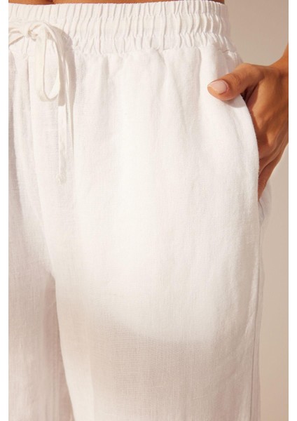 Kadın Yeni Moda Geniş Paça Uzun Boy Denim Keten Beli Lastikli Yüksek Bel Wide Leg Pantolon indirimleri