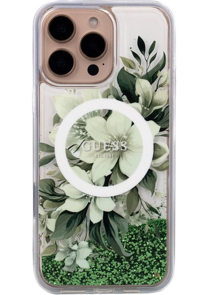 iPhone 16 Pro Uyumlu Kılıf Guess Orjinal Lisanslı Magsafe Özellikli Sıvılı Simli Çiçek Desenli Yeşil