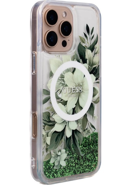 iPhone 16 Pro Uyumlu Kılıf Guess Orjinal Lisanslı Magsafe Özellikli Sıvılı Simli Çiçek Desenli Yeşil modelleri