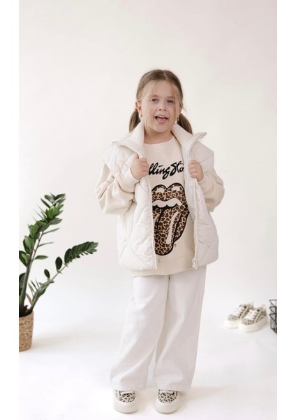 Kız Çocuk Yeni Sezon Leopar Desen Açık Kahve - Bej Renk Rolling Sweatshirt modelleri