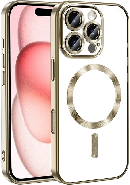 Case World Apple iPhone 16 Promax Mag Safe Özellikli Lens Korumalı Logo Gösteren Şeffaf Luxury Silikon Kılıf - Gold