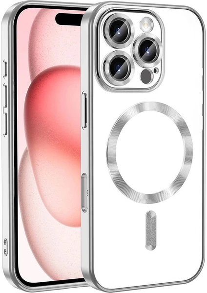 Case World Apple iPhone 16 Promax Mag Safe Özellikli Lens Korumalı Logo Gösteren Şeffaf Luxury Silikon Kılıf - Gümüş