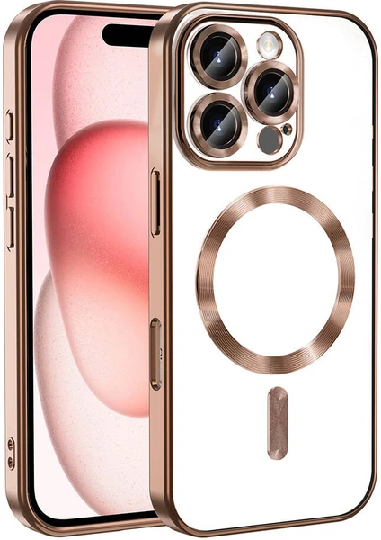 Case World Apple iPhone 16 Promax Mag Safe Özellikli Lens Korumalı Logo Gösteren Şeffaf Luxury Silikon Kılıf - Bej Gold