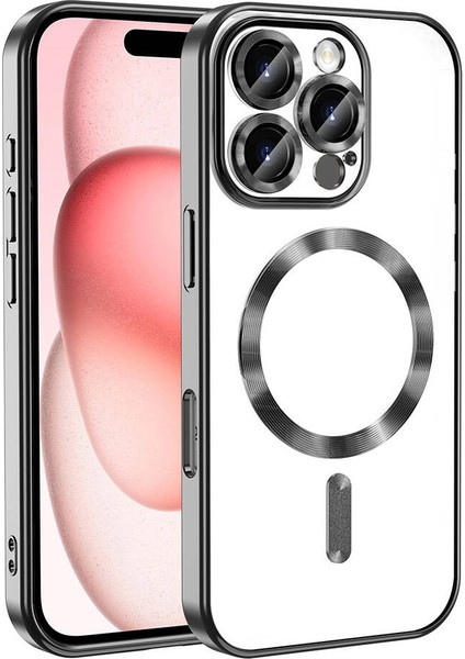 Case World Apple iPhone 16 Pro Mag Safe Özellikli Lens Korumalı Logo Gösteren Şeffaf Luxury Silikon Kılıf -Siyah