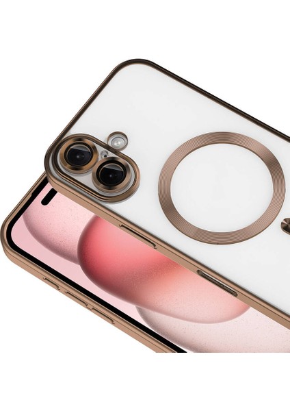 Case World Apple iPhone 16 Plus Mag Safe Özellikli Lens Korumalı Logo Gösteren Şeffaf Luxury Silikon Kılıf - Rose Gold