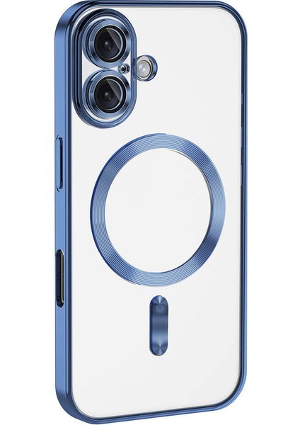 Apple iPhone 16 Plus Mag Safe Özellikli Lens Korumalı Logo Gösteren Şeffaf Luxury Silikon Kılıf -Mavi