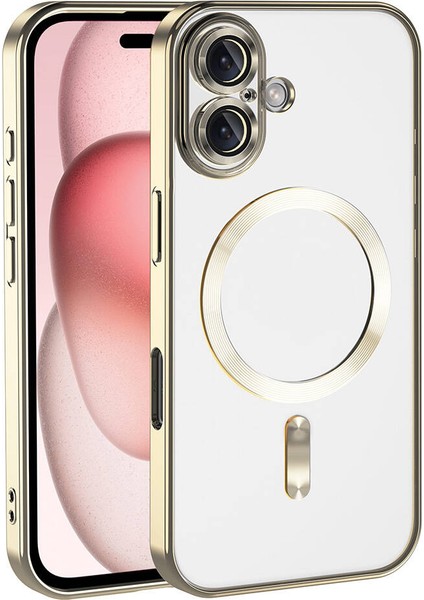 Case World Apple iPhone 16 Mag Safe Özellikli Lens Korumalı Logo Gösteren Şeffaf Luxury Silikon Kılıf - Gold