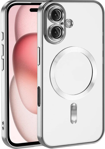 Case World Apple iPhone 16 Mag Safe Özellikli Lens Korumalı Logo Gösteren Şeffaf Luxury Silikon Kılıf - Gümüş