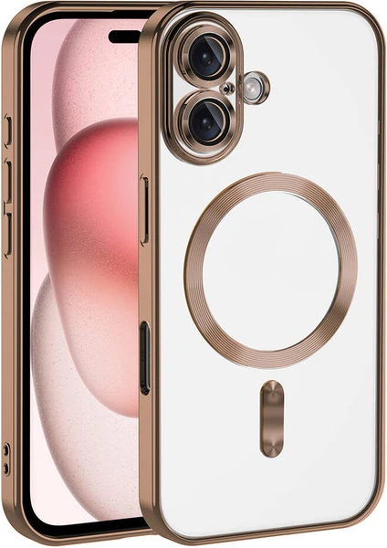 Case World Apple iPhone 16 Mag Safe Özellikli Lens Korumalı Logo Gösteren Şeffaf Luxury Silikon Kılıf - Bej Gold